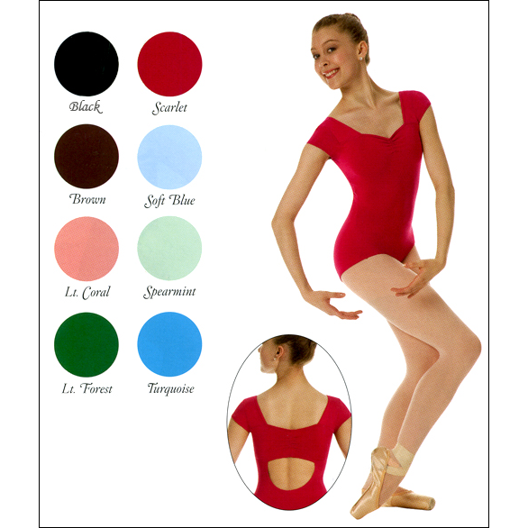 Cap Sleeve leotard Style #: P450. <li> Adjustable draw string front detail
<li> Wider neckline for a more flattering fit
<li> back features a gathering detail
<li> power mesh supportive shelf bra