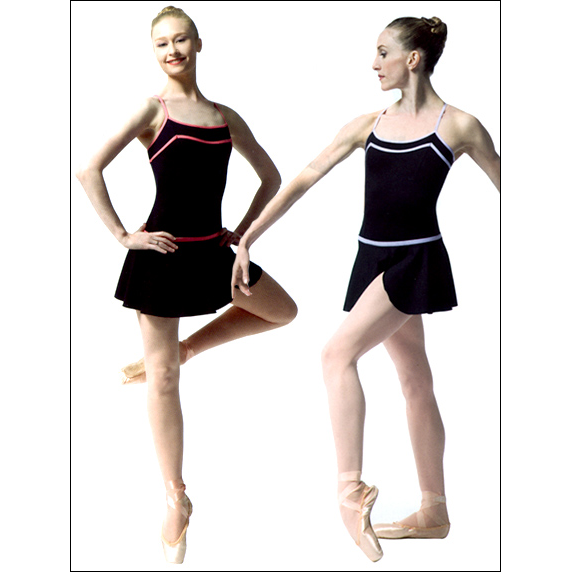 Skirt Style #: P472. <li> Pull-on mock wrap styling
<li> Dip back
<li> Contrast covered elastic waistband
<br>
<br>
*Shown with P471 Camisole Leotard*