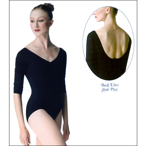 3/4 Sleeve Leotard Style #: P513. <li> Soft and Supportive Microfiber fabric.
<li> Wide open neckline
<li> Drawstring bust detail.
<li> Low back
<li> Higher cut thigh leads into the princess seams.