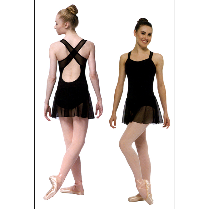 Power Mesh Skirt Style #: P612. <li> Pull on styling
<li> back dip
<li> Gently flared
<br>
<br>
 ** Shown With Style # P611-Criss Cross Back Leotard.