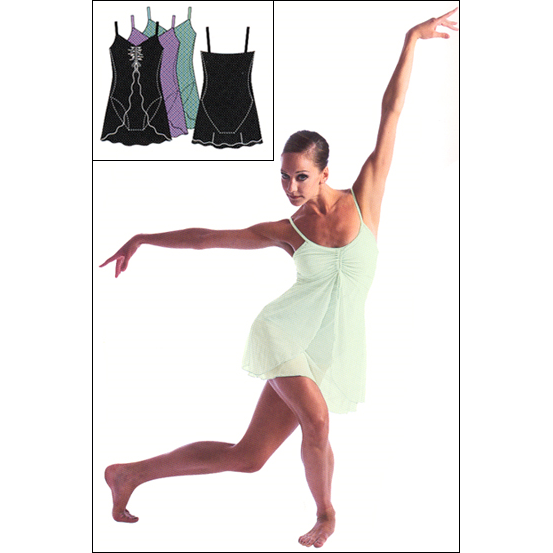 Layered Dance Dress Style #: P701. <li> Camisole leotard body. <br>
<li> Power mesh over dress with a front drape. <br>
<li> Adjustable drawstring front gathering detail. <br>
<li> Power mesh supportive built in bra.