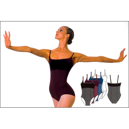 Camisole Leotard Style #: P7010. <li> Dual fabric-Stretch velvet top with soft meryl bottom.<BR>
<li> Square open neckline with Meryl Nylon binding.<br>
<li> Body has flattering seam detailing.<br>
<li> Power mesh supportive built in bra lining.