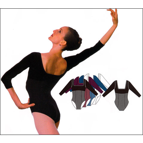 3/4 Sleeve Leotard Style #: OSL-3800. <li> Dual fabric leotard-Stretch velvet top with soft meryl bottom.<BR>
<li> Square open neckline with Meryl Nylon binding.<br>
<li> Body has flattering seam detailing.<br>
<li> Power mesh supportive built in bra lining.<br>
<li> <li> Non stock item- please allow two weeks for shipping. <br> <br>