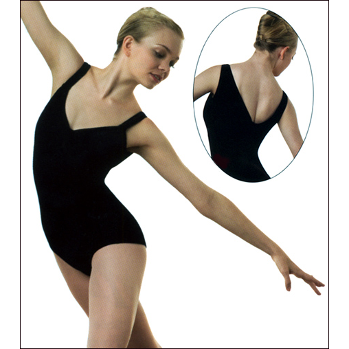 Velvet Low V-Back Leotard Style #: P7031. <li> Tank body
<li> Empire waist bodice with a low V-Back
<li> Gathered bust and shoulders
<li> Power mesh supportive front lined bodice