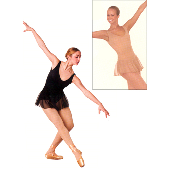 Skirted Leotard Style #: P704. <li> Wide neck camisole styling.
<li> Flattering low back.
<li> Flattering princess seam construction.
<li> Attached dip-style chiffon skirt.
<li> Quik-Wik front lined for security.
<li> Power mesh supportive shelf bra lining.
