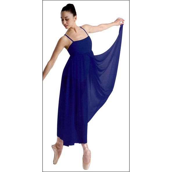 Long Dance Dress Style #: P708. <li> Two layer long chiffon attached dress; top layer features an open front 
<li> Flattering empire waist
<li> Power mesh front bodice lining