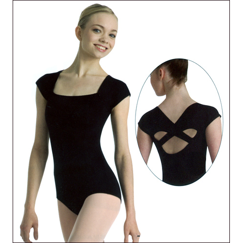 Extended Shoulder Leotard With Back Detail Style #: P854. <li> Criss-Cross back detail
<li> Flattering princess seam front
<li> Power mesh supportive shelf bra