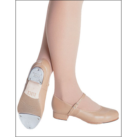 Bloch-Adult "Tap -On" Tap Shoe Style #: S0302L. Bloch®'s leather upper, leather sole tap shoe with ¾" heel. The buckle is attached by elastic for a firmer fit and the taps are screwed on top of a resonating board. Rubber pad on metatarsal.