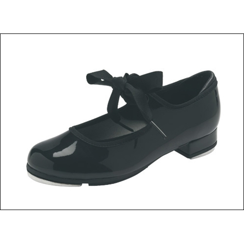 Bloch - Annie Style #: S0350. An introductory tap shoe with an elastic feature connecting the two side straps and securing the shoe to the foot. A ribbon can be threaded behind the elastic through two eyelets and tied to cover the elastic. For quick changes the shoe can be worn without ribbon.