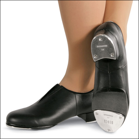 Tap Flex Split-Sole Tap Shoe Style #: S0-389L. Bloch's Tap Flex split-sole tap shoe features a supple all leather upper design shaped to relieve pressure on the Achilles tendon. The tap sound resonates with the aid of new screw-on alloy taps, stacked leather heels and soundboards. Elastic holds the foot securely and comfortably in this form fitting slip on.