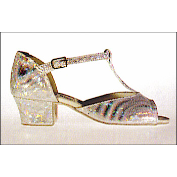 Freed "Sabrina"-Child / Young Adult / Adult-Ballro Style #: SABRINA. Silver hallogram, T. Strap ballroom shoe in child,young adult, and adult sizes.
suade soles, 1-1/2" cuban heel.