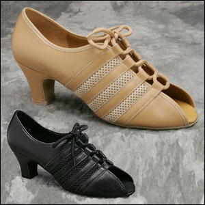 "Sienna" By Freed Of London Style #: Sienna. Ladies open toe lace-up practice shoe with 4 eyelets, no tongue and mesh inserts for comfort. Originally designed for professional teachers on their feet for many hours a day. Mesh inserts provide ventilation, heat dispersion and added flexibility. Open toe to allow full articulation of metatarsal as would be found in a Latin sandal. Designed in association with international coach, Karen Hardy.

Leather upper with mesh inserts. Suede sole.U.S Sizes 4 to 10.5 in half sizes. Medium width available in Tan or Black. 2” shaped Cuban heel. Special orders of alternative material available with a minimum order of 10 pair.