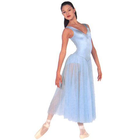 Long romantic tutu dress Style #: OSD-301. Long romantic; Lycra sleeveless leotard, adjustable v-neck, 
attached double layer chiffon v-front circle skirt, top front lined.Dress Has An Attached Brief.  Limited stock; allow 2 weeks for shipping.  If placing a rush order please call for availability.