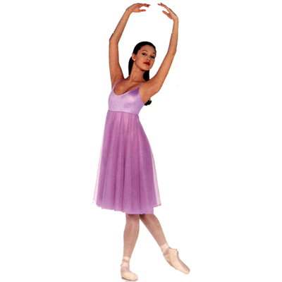 "Lyrical" Romantic  Dress Style #: OS-8603-1. Lycra camisole dress with attached empire double layer chiffon circle skirt.Top is front lined.  

<li> Non-stock item. Allow two weeks for shipping. If unable to wait two weeks please call to check availablity.<br>
<li> Can also be made in other colors. Call to enquire about other fabric and color availabilties. Additional charges my apply.<br>.