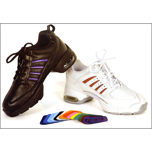 Front Line-Dance Sneaker Style #: TS1. <li> EVA midsole for maximum cushion and flexibility.<br> 
<li> Full Grain soft leather upper.<br>
<li> Shock absorbing air cushion; reinforced box for toe stands.<br>
<li> Breathable and flexible mesh arch.<br>
<li> Flex lines designed into the mold.<br>
<li> 16 interchangeable color cards.<br>
<li> Non-marking p/u outer for indoor wear.