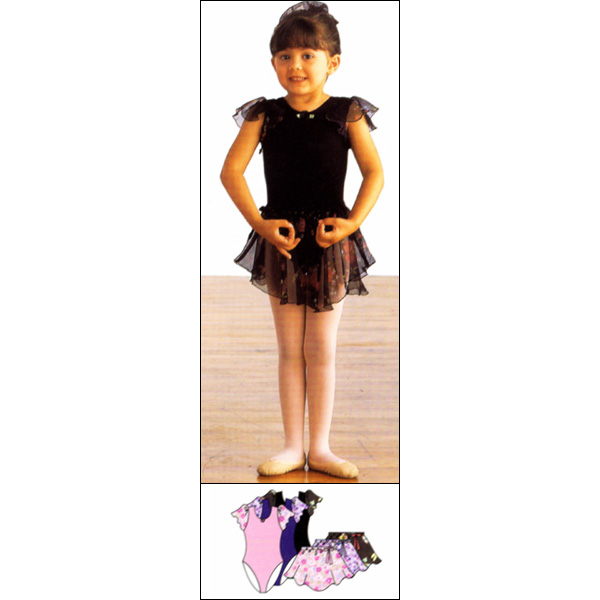 Leotard With Printed Skirt Set Style #: 2662. 2-in-1 flutter sleeve leotard has a printed floral pull-on chiffon skirt with coordinating satin bow.Sold as a set, but can be worn separately.