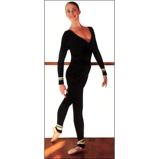 Harmonie-Long Sleeve Knit Unitard Style #: MAESTRO. Long Sleeve V-Neck Unitard. Solid Color With Stripe Detail On Wrist And Ankle. This yarn combination of 87% Viscose and 13% Nylon is the softest ever. It hugs the body and makes you feel uniquely comfortable.