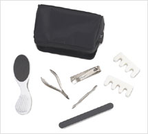 Pedicure Kit Style #: PK001. 8 piece set. Black Microfiber case with pedicure tools. White Lena logo on side zipper tabs.

