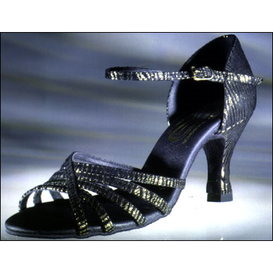 Freeds Of London "Rosana" Style #: ROSANA. Cross-Strap Ballroom Shoe.Subtle gold design on Black leather. suede soles. 2.5 inch heel.